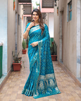Teal Handpicked Soft Dola Silk Bandhani Saree With Zari Weaving Design